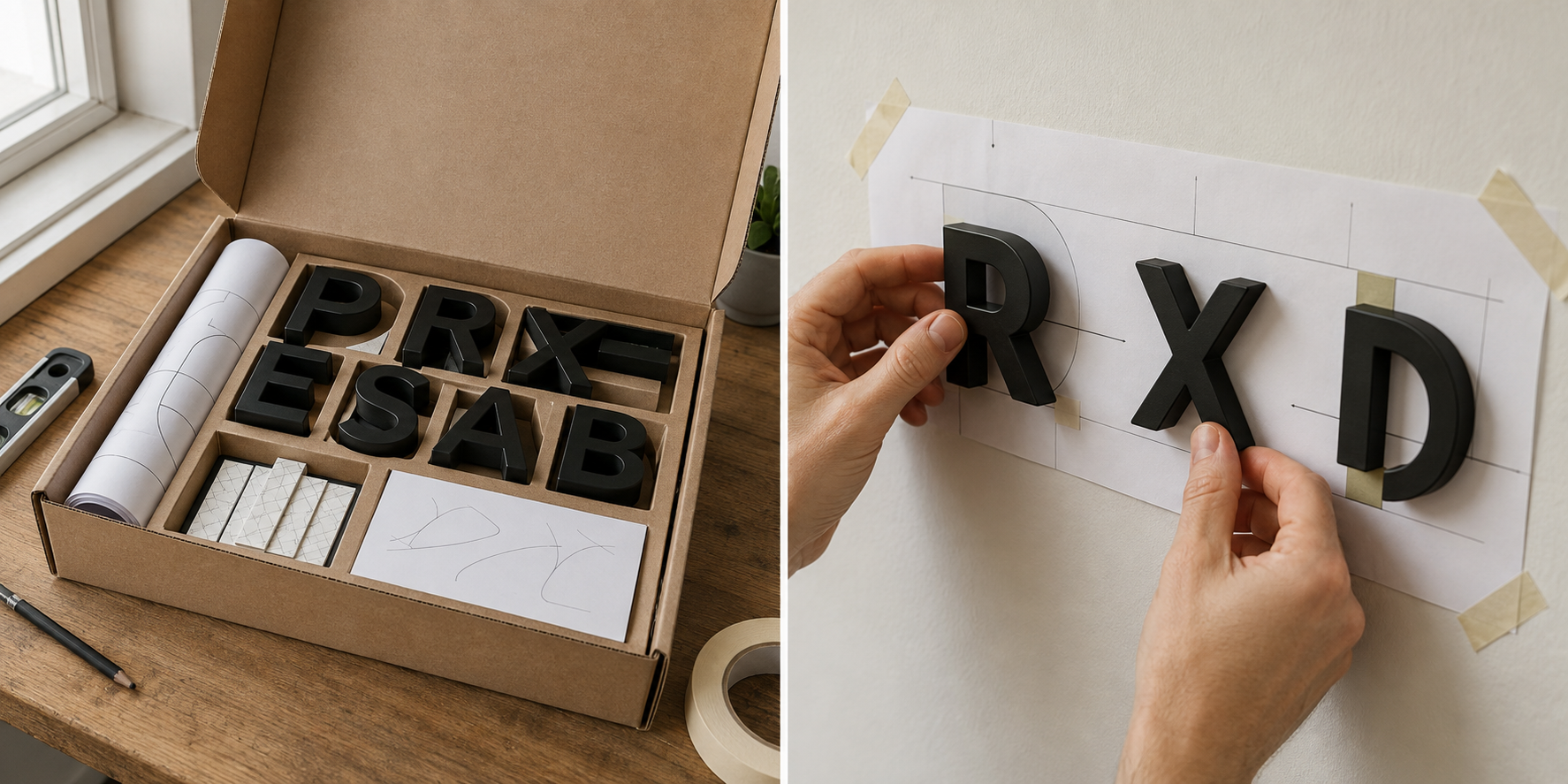 3D letters and installation materials packed in a kraft box